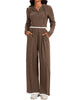 Onfers Two Piece Sets for Women Casual Cropped Half Button Hoodie Top Wide Leg Pants Ribbed Knit Tracksuit