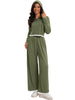 Onfers Two Piece Sets for Women Casual Cropped Half Button Hoodie Top Wide Leg Pants Ribbed Knit Tracksuit