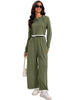 Onfers Two Piece Sets for Women Casual Cropped Half Button Hoodie Top Wide Leg Pants Ribbed Knit Tracksuit