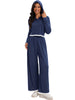 Onfers Two Piece Sets for Women Casual Cropped Half Button Hoodie Top Wide Leg Pants Ribbed Knit Tracksuit