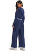 Onfers Two Piece Sets for Women Casual Cropped Half Button Hoodie Top Wide Leg Pants Ribbed Knit Tracksuit