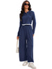 Onfers Two Piece Sets for Women Casual Cropped Half Button Hoodie Top Wide Leg Pants Ribbed Knit Tracksuit