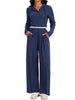 Onfers Two Piece Sets for Women Casual Cropped Half Button Hoodie Top Wide Leg Pants Ribbed Knit Tracksuit