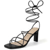 Square Toe Strappy Lace Up Block Heel Sandals for Women