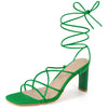Square Toe Strappy Lace Up Block Heel Sandals for Women