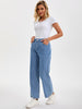 Women Striped Jeans High Rise Zipper Fly Trousers Straight Leg Denim Pants