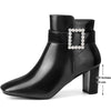 Rhinestone Buckle Decor Square Toe Chunky Heel Ankle Boots for Women