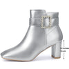 Rhinestone Buckle Decor Square Toe Chunky Heel Ankle Boots for Women