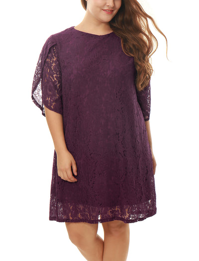 Lace Embroidered Plus Size Tulip Sleeve Short Dress