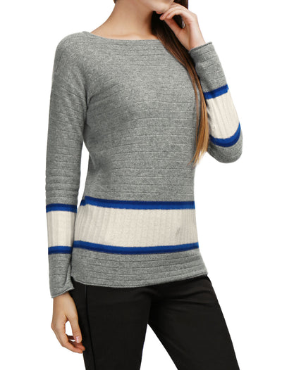 100% Cashmere Jersey Contrast Rib Knit Boat Neck Sweater