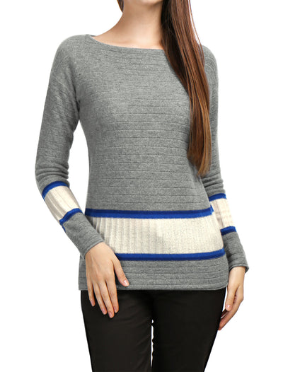 100% Cashmere Jersey Contrast Rib Knit Boat Neck Sweater