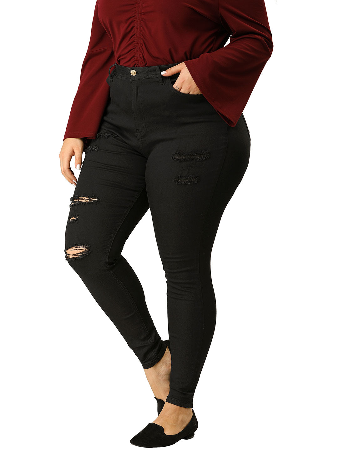 Bublédon Women's Plus Size Zip Fly Mid Rise Skinny Ripped Jeans