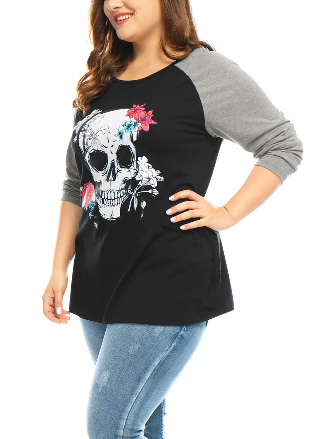 Bublédon Plus Size Tops Floral Skull Colorblock Raglan Long Sleeve Shirt