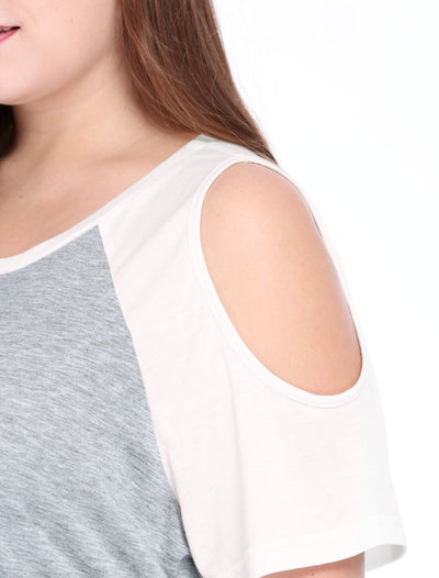 Women Plus Size Contrast Raglan Sleeves Cold Shoulder Tee