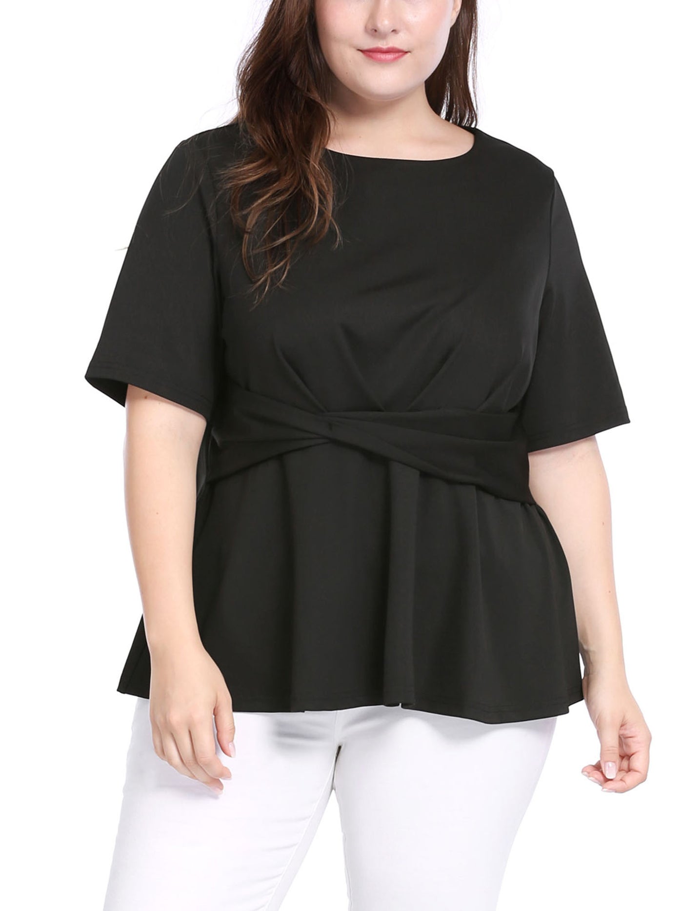 Bublédon Women Plus Size Short Sleeves Twisted Knot Front Peplum Top