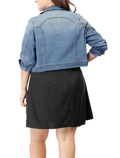Women Plus Size Button Closed Cropped Denim Jacket