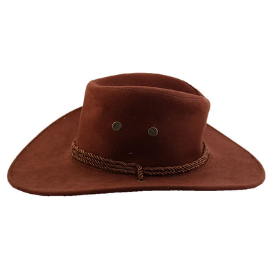 Unisex Faux Suede Adjustable Neck Strap Wide Brim Western Style Sunhat Cowboy Hat