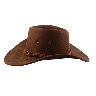 Unisex Faux Suede Adjustable Neck Strap Wide Brim Western Style Sunhat Cowboy Hat