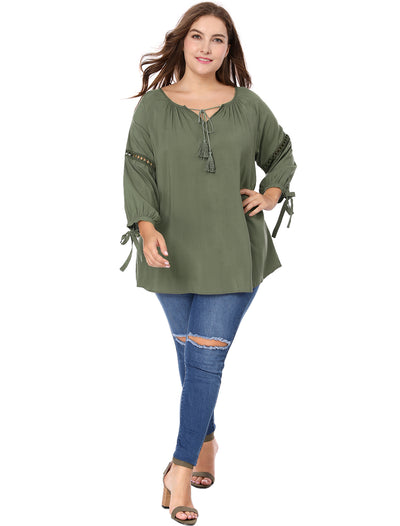 Plus Size Hollow Out Sleeve Tie Neck Tunic Blouse