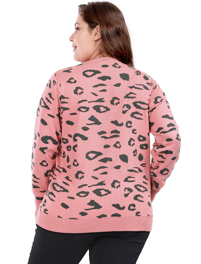 Women's Plus Size Crew Neck Long Sleeve Leopard Knit Sweater