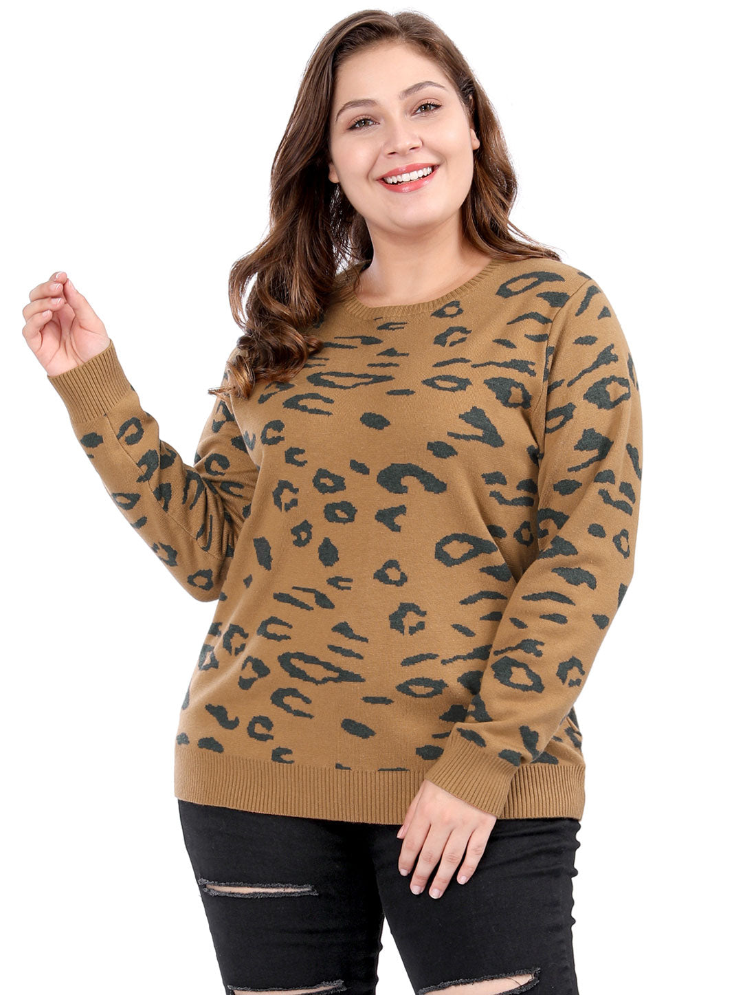 Bublédon Women's Plus Size Crew Neck Long Sleeve Leopard Knit Sweater