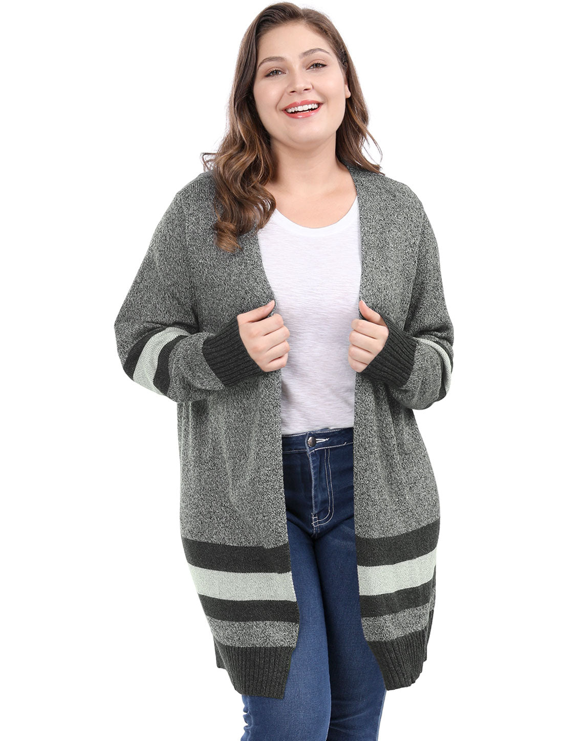 Bublédon Women's Plus Size Striped Open Front Sweater Cardigan