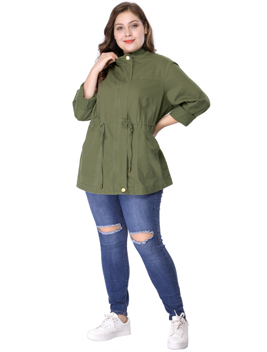 Bublédon Women's Plus Size Stand Collar Drawstring Utility Jacket