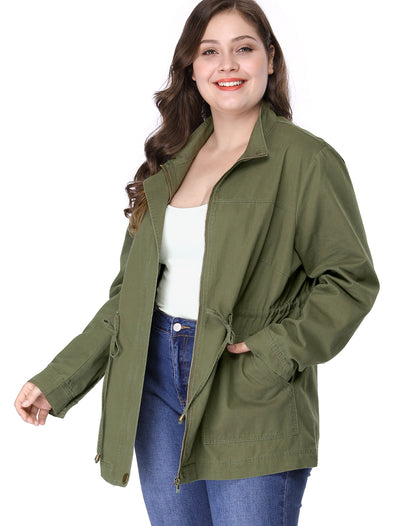 Women's Plus Size Stand Collar Drawstring Utility Jacket