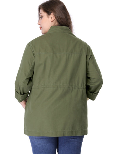 Women's Plus Size Stand Collar Drawstring Utility Jacket