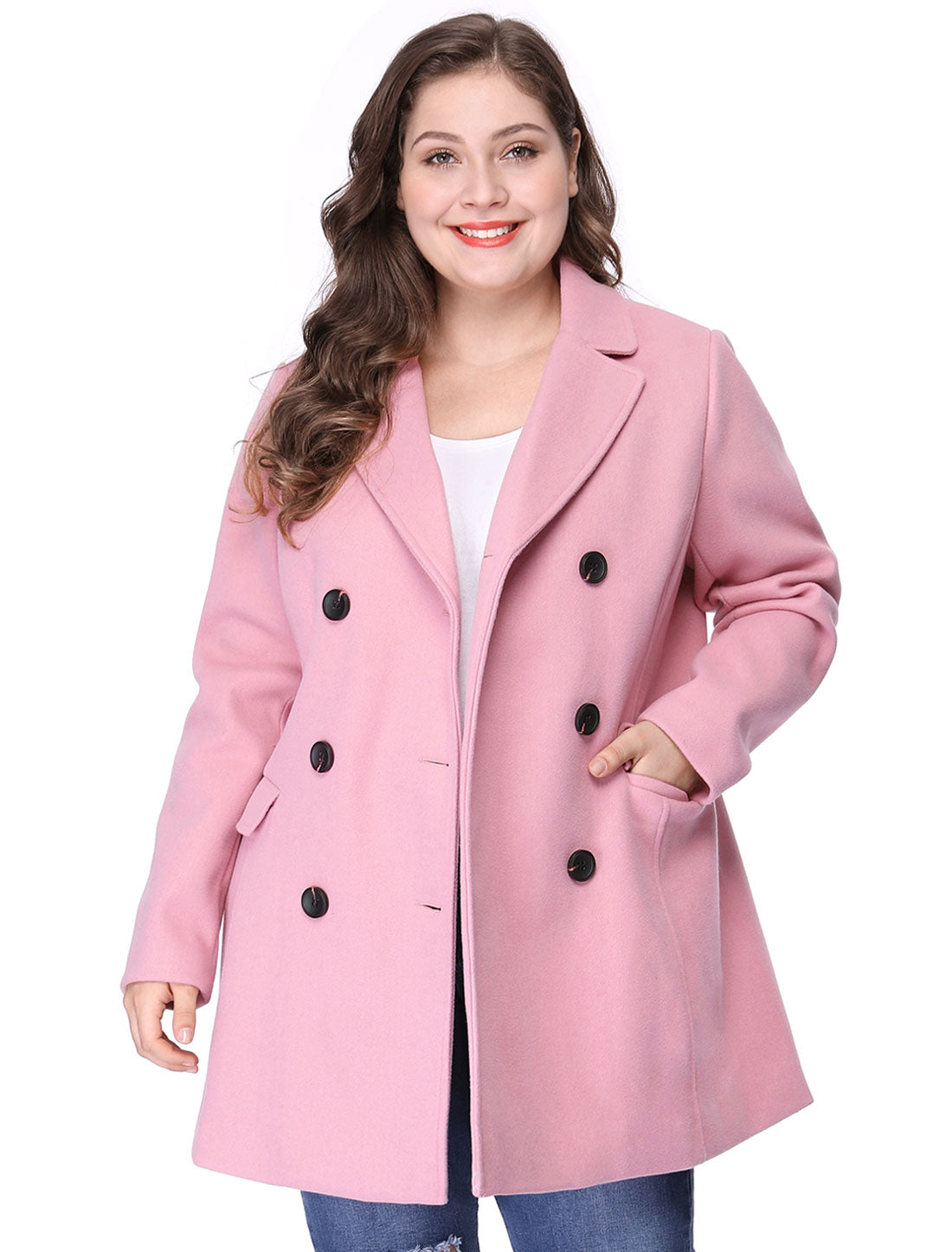 Bublédon Women's Plus Size Notched Lapel Double Breasted Coat