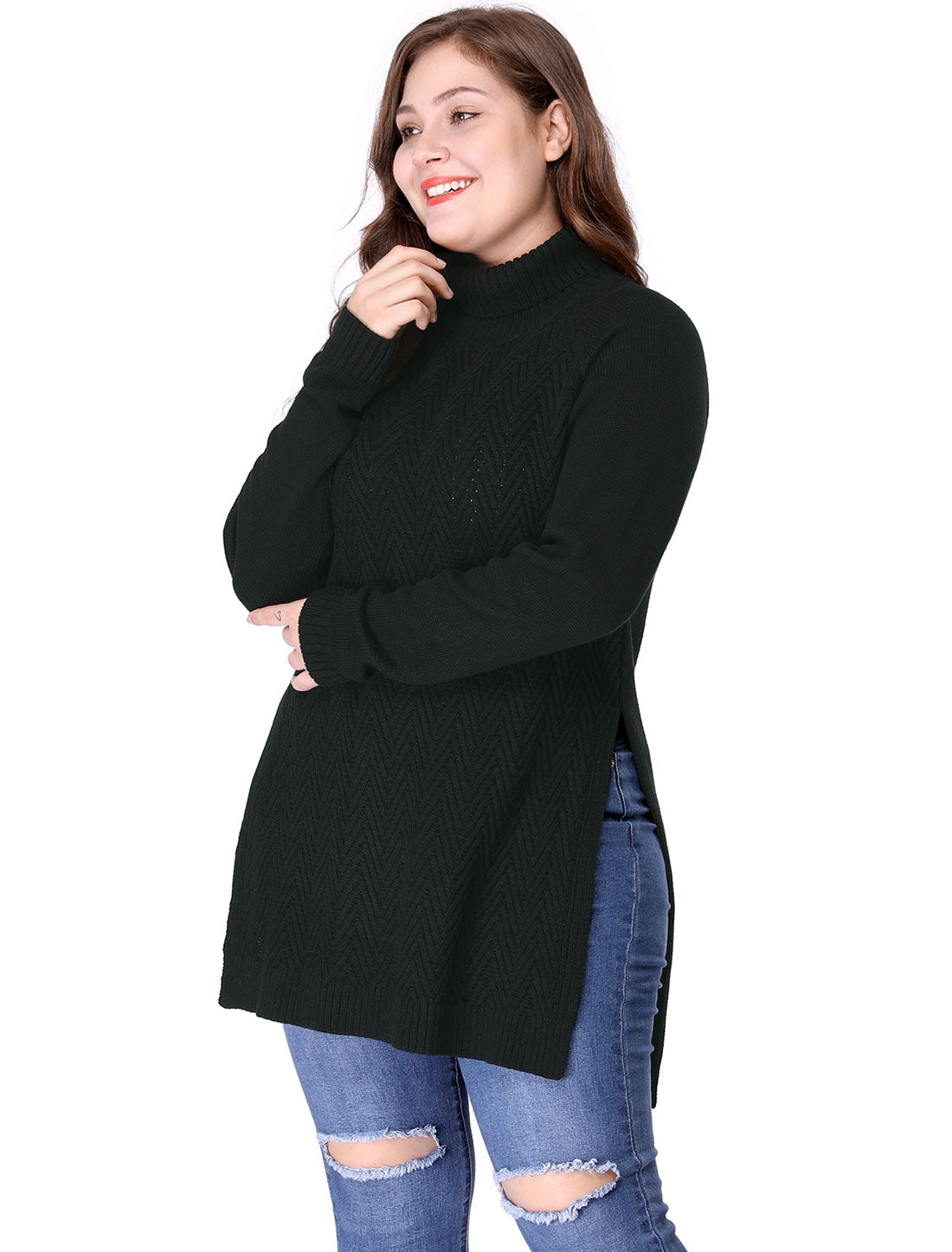 Bublédon Plus Size Side Slit Raglan Sleeve Turtleneck Tunic Sweater