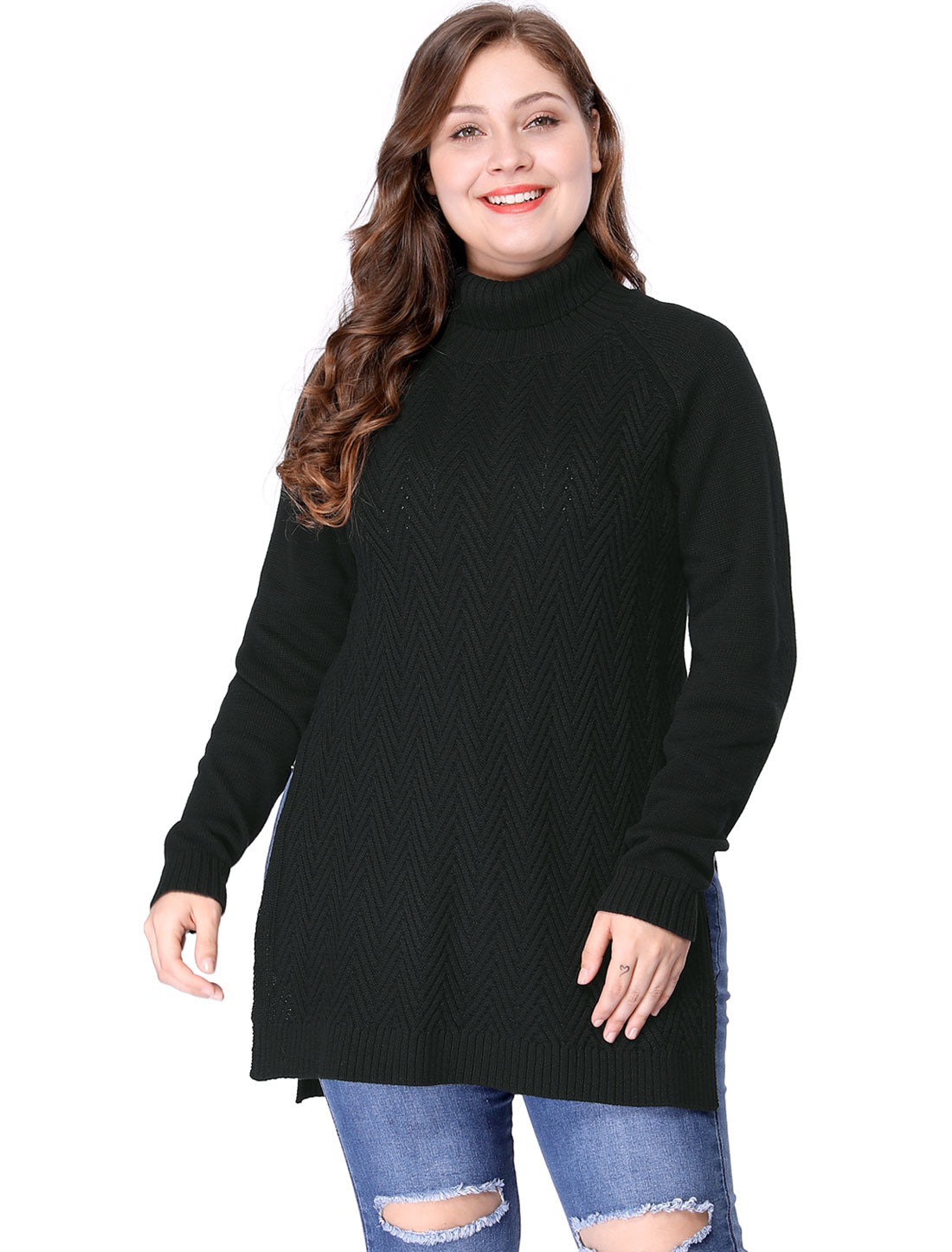 Bublédon Plus Size Side Slit Raglan Sleeve Turtleneck Tunic Sweater