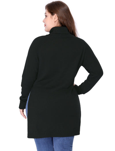 Plus Size Side Slit Raglan Sleeve Turtleneck Tunic Sweater