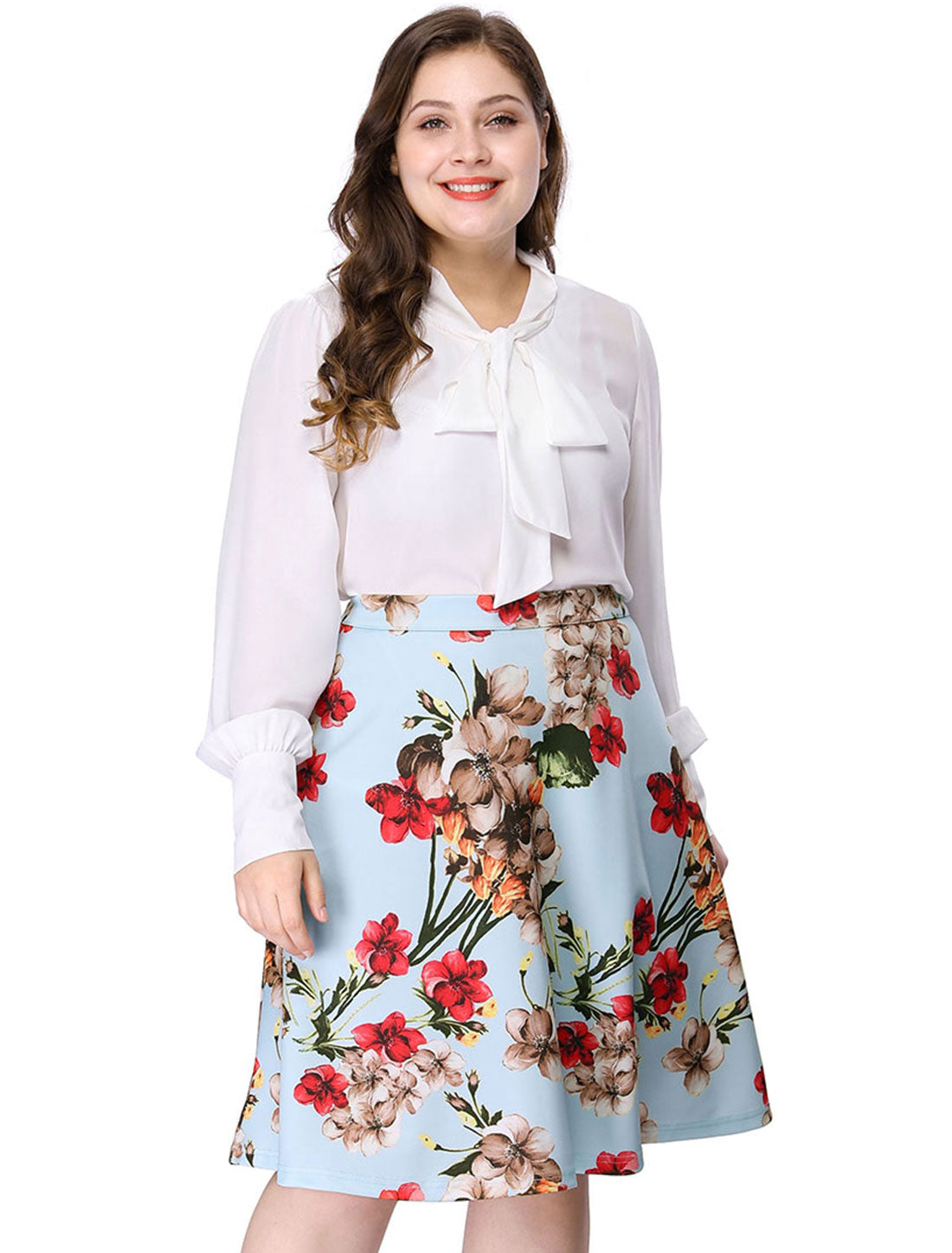 Bublédon Plus Size High Waisted A Line Flower Print Skirt
