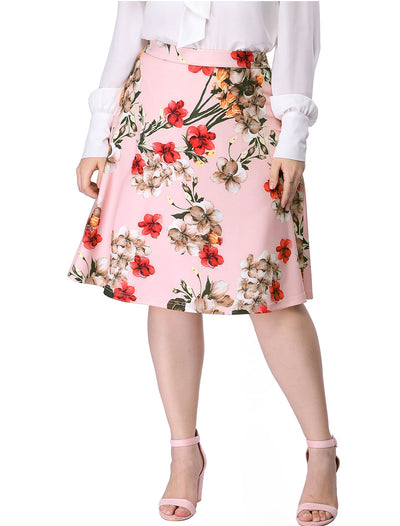 Plus Size High Waisted A Line Flower Print Skirt