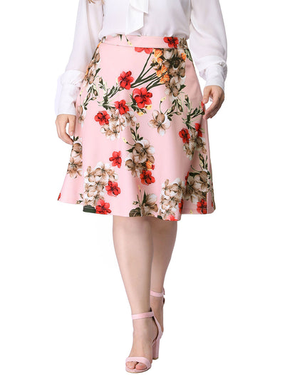 Plus Size High Waisted A Line Flower Print Skirt