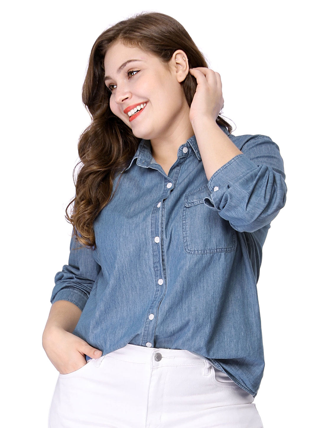 Bublédon Women's Plus Size Long Sleeve Chest Pocket Chambray Shirt