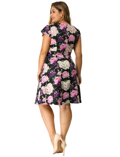 Floral Printed Cap Sleeve V-neck Plus Size Dress