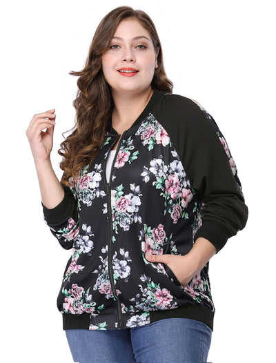 Women's Plus Size Zipper Raglan Sleeves Floral Bomber Jacket