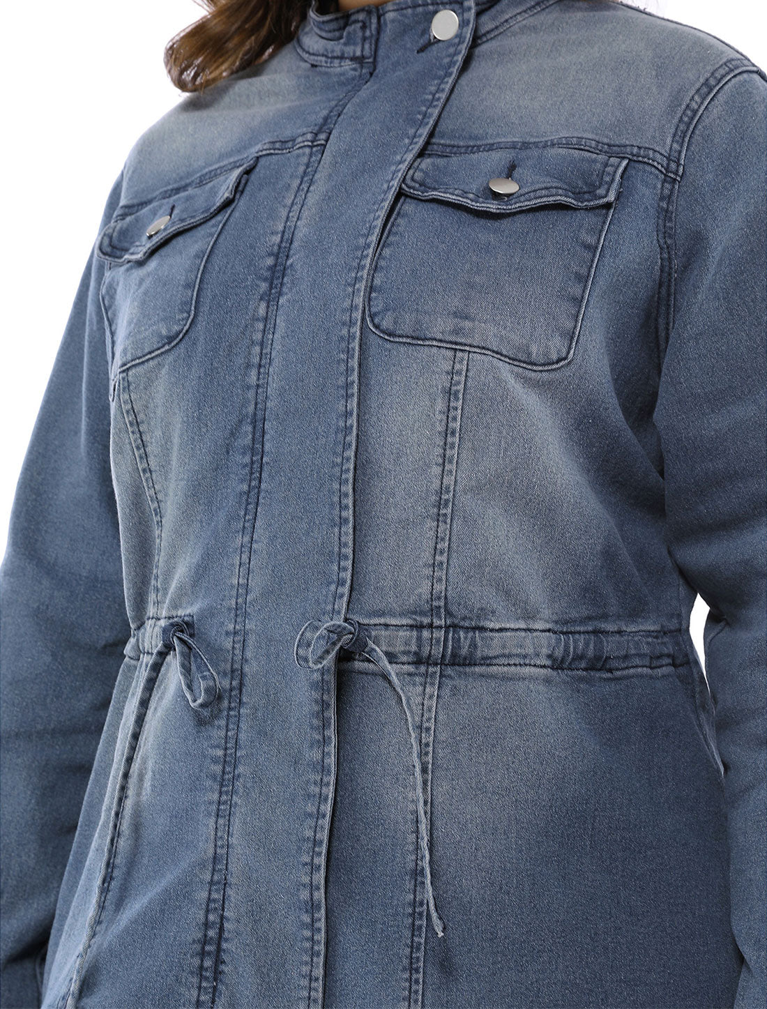 Bublédon Plus Size Stand Collar Zip Closure Drawstring Denim Jacket