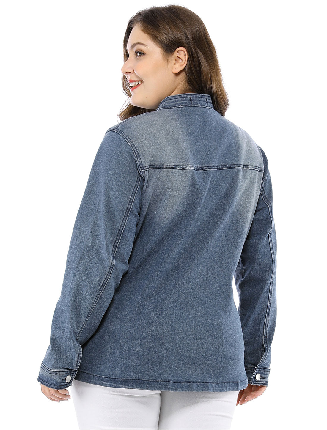 Bublédon Plus Size Stand Collar Zip Closure Drawstring Denim Jacket