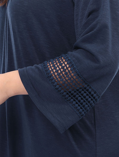 Plus Size Plain Long Crochet Sleeve Loose Blouse