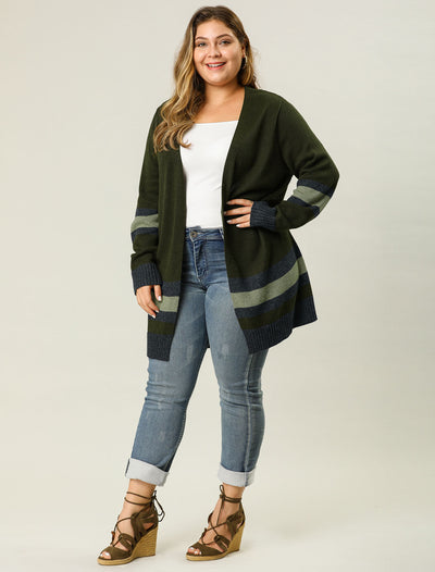 Women's Plus Size Striped Open Front Sweater Cardigan