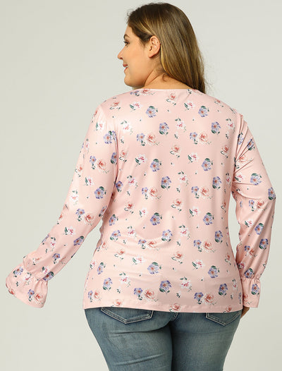 Plus Size V Neck Bell Sleeve Ruched Tops Floral Blouses
