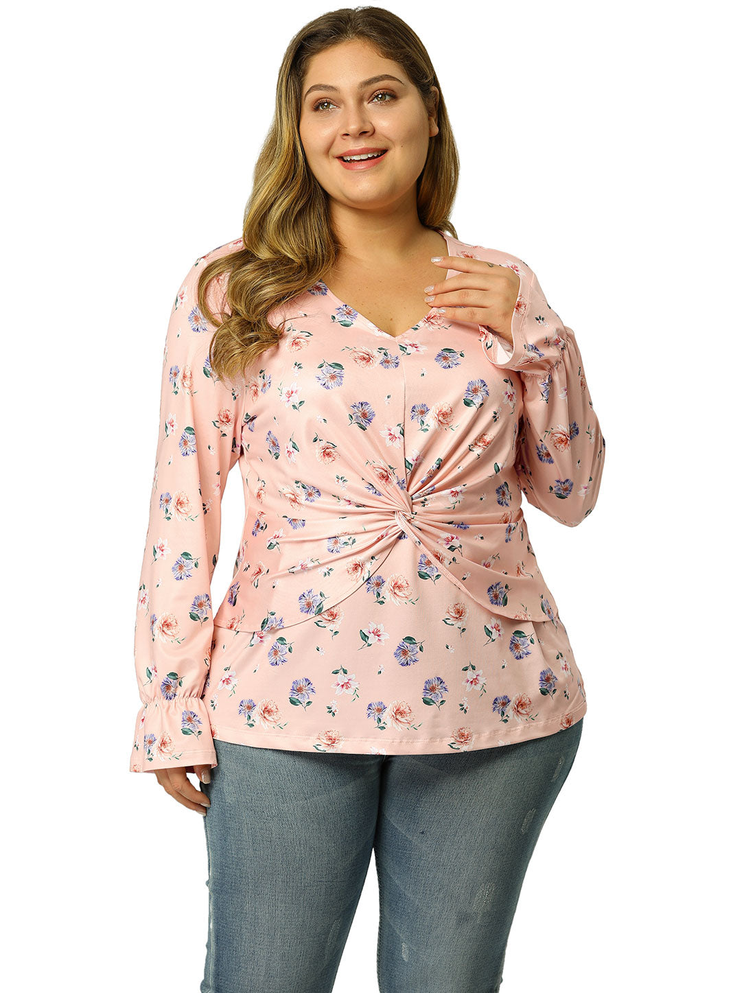 Bublédon Plus Size V Neck Bell Sleeve Ruched Tops Floral Blouses