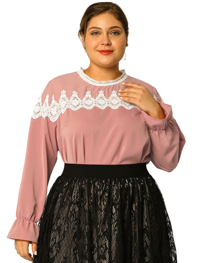 Women's Plus Size Mesh Top Office Puff Sleeve Lace Blouse