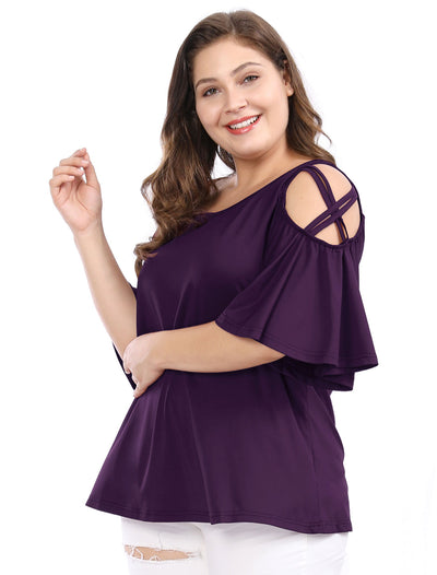 Women Plus Size Strappy Cold Shoulder Trumpet Sleeves Blouse