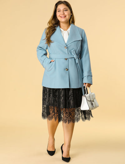 Plus Size Single Breasted A-Line Skater Thigh Belted Coat