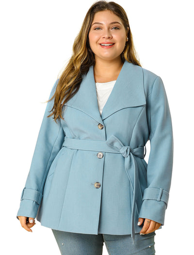 Plus Size Single Breasted A-Line Skater Thigh Belted Coat
