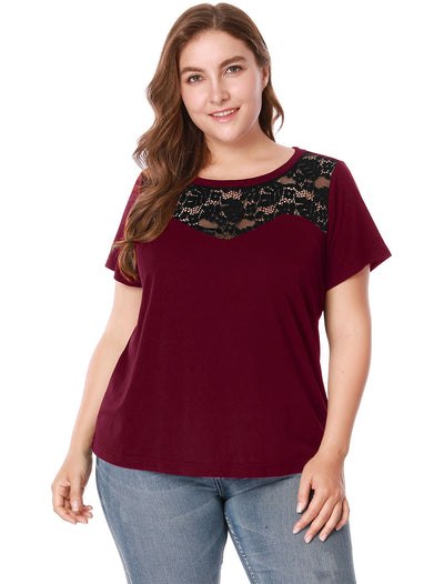 Women Plus Size Lace Insert Short Sleeves Round Neck Top